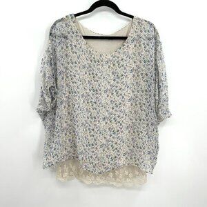 MARINA GIGLI Cream Blue Floral Print Silk Lace Short Sleeve Top Size Large